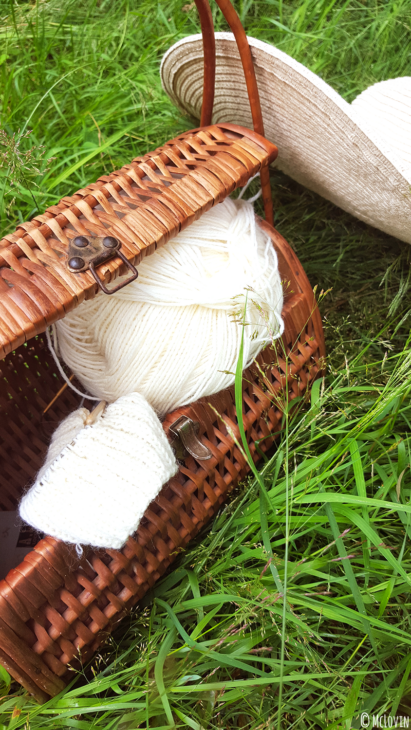 Tricot dans un panier chiné à côté du chapeau de McLovin dans son jardin