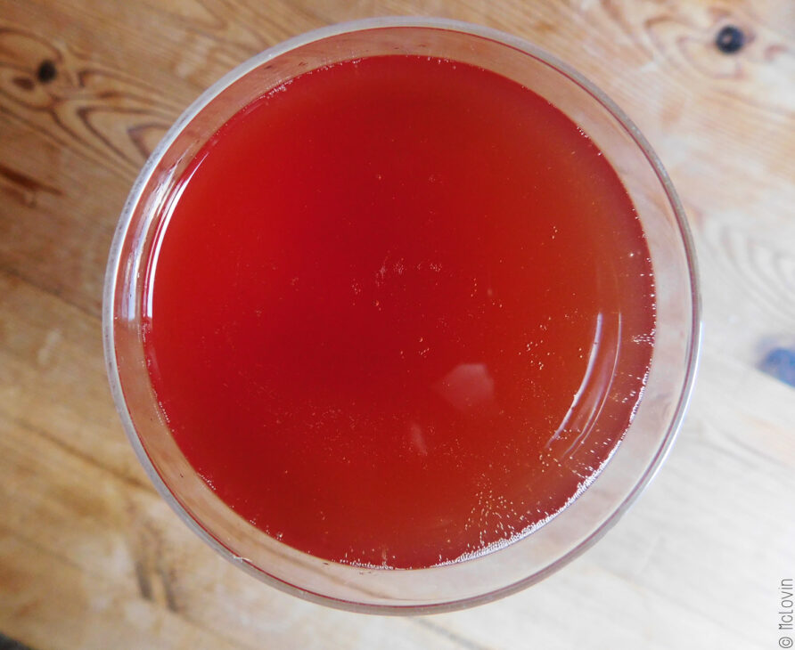 Verre de Damruz la bière bretonne à l'hibiscus de la brasserie An Alarc'h vu de haut