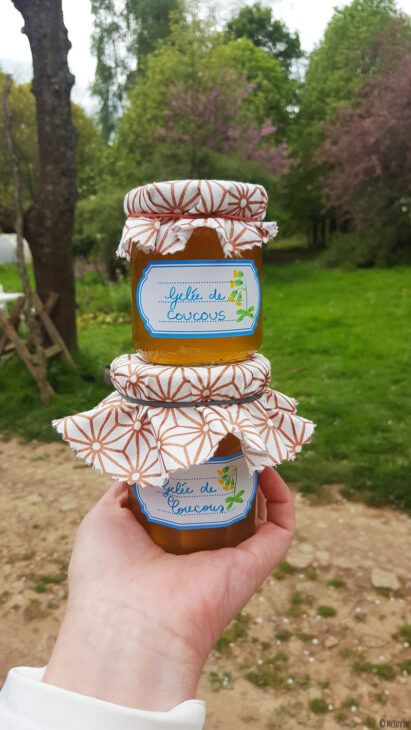 La gelée de fleurs jaunes et comestibles de coucou ou primevère officinale en pots avec étiquettes et cache-pots en chutes de tissus dans le jardin.