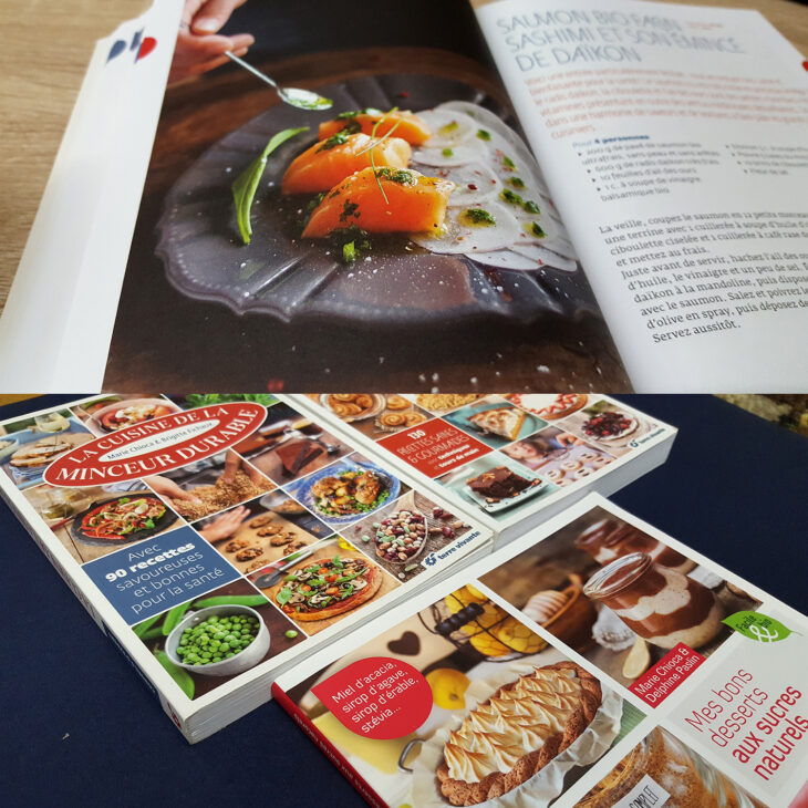 Les livres de cuisine "La cuisine de la minceur durable", "Les secrets de la pâtisserie bio" de Marie Chioca et "Mes bons desserts aux sucres naturels" de Marie Chioca et Delphine Paslin aux éditions Terre Vivante.